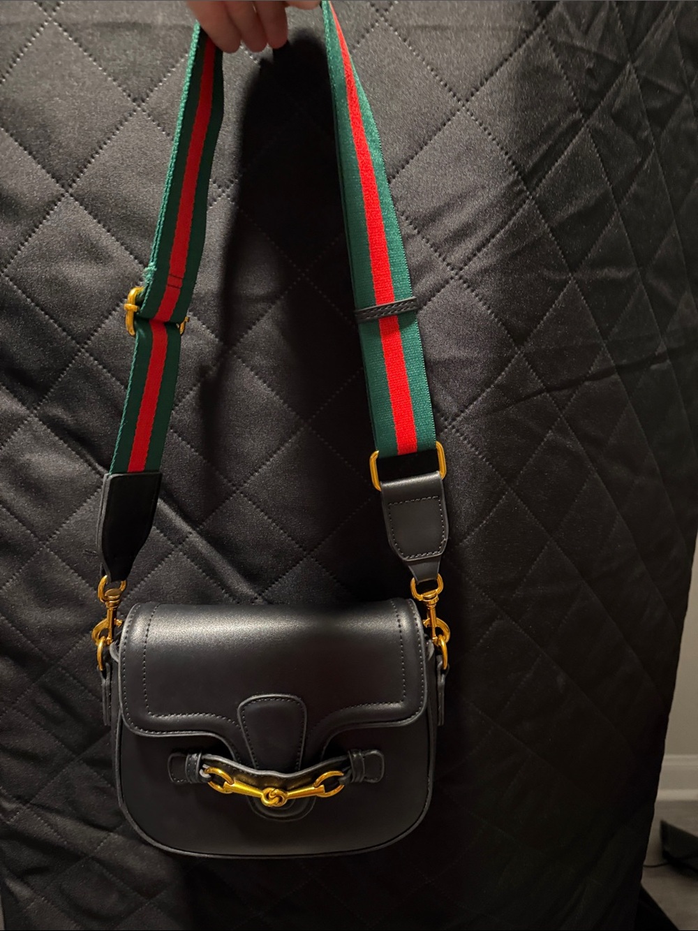 STYLISH EQUESTRIAN Black Leather Crossbody with Red & Green Web Strap Orig $298
